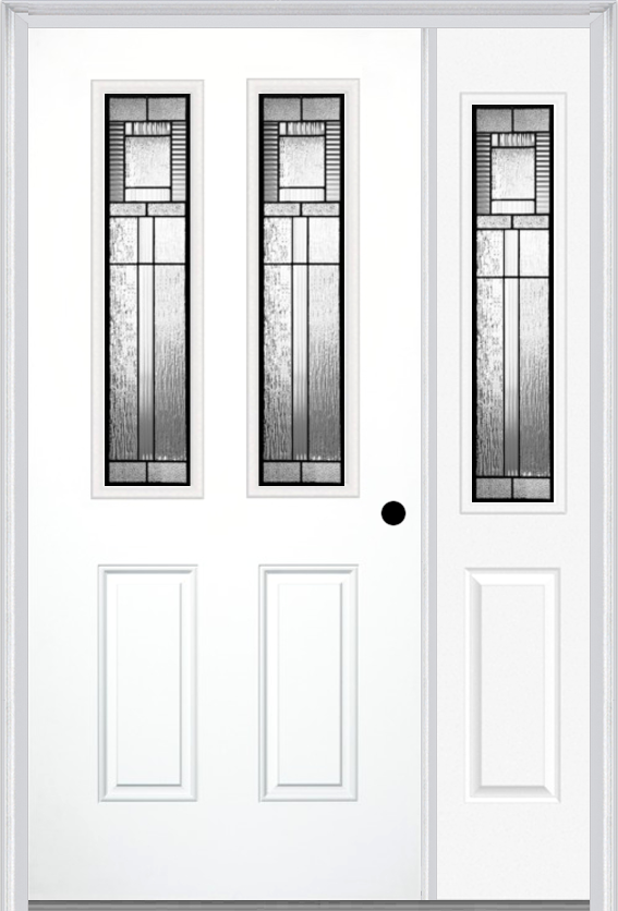 MMI 2-1/2 Lite 2 Panel 6'8" Fiberglass Smooth Royal Patina Exterior Prehung Door With 1 Half Lite Royal Patina Decorative Glass Sidelight 692